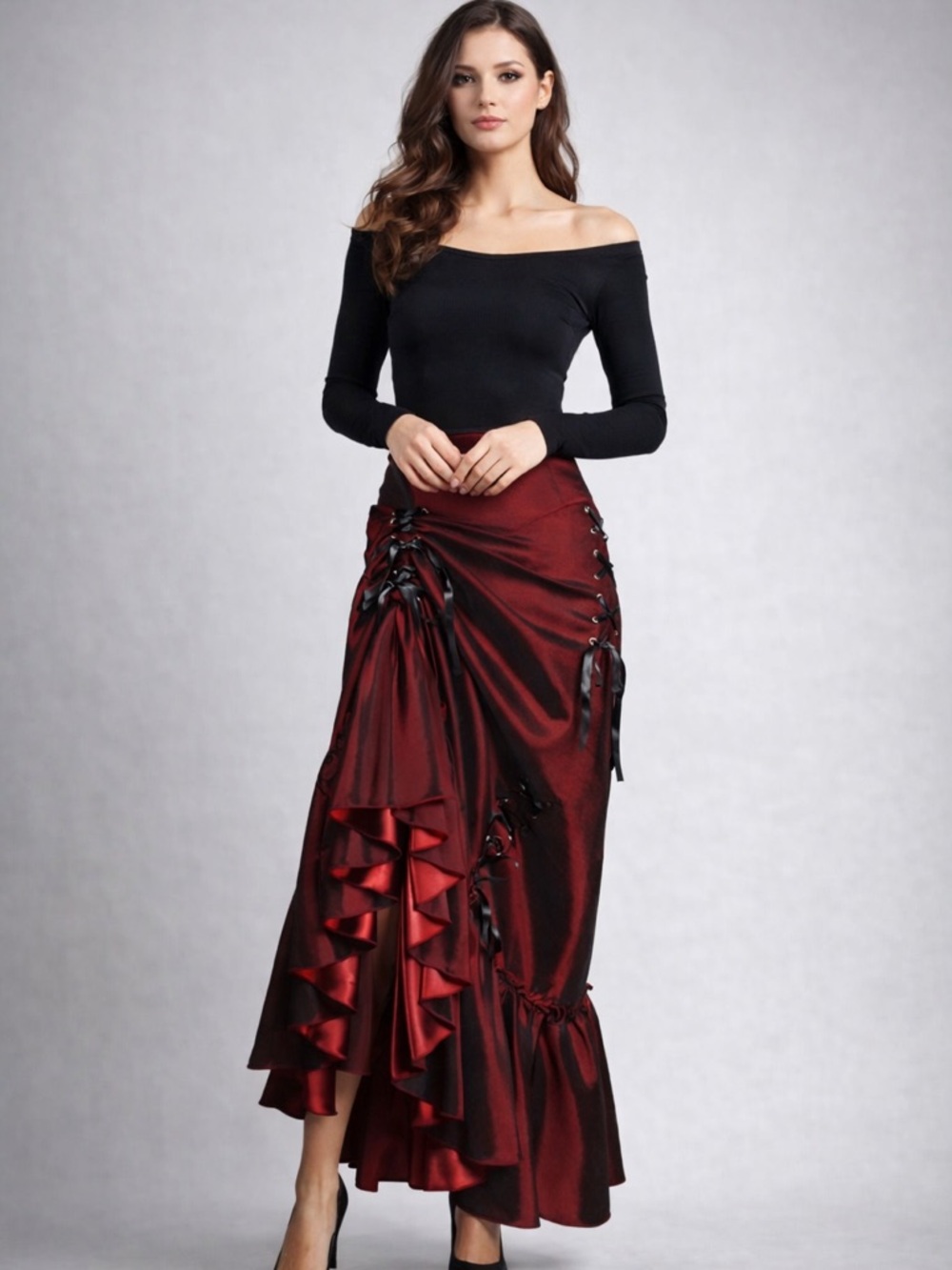 Red Silky Lace Up Trumpet Skirt